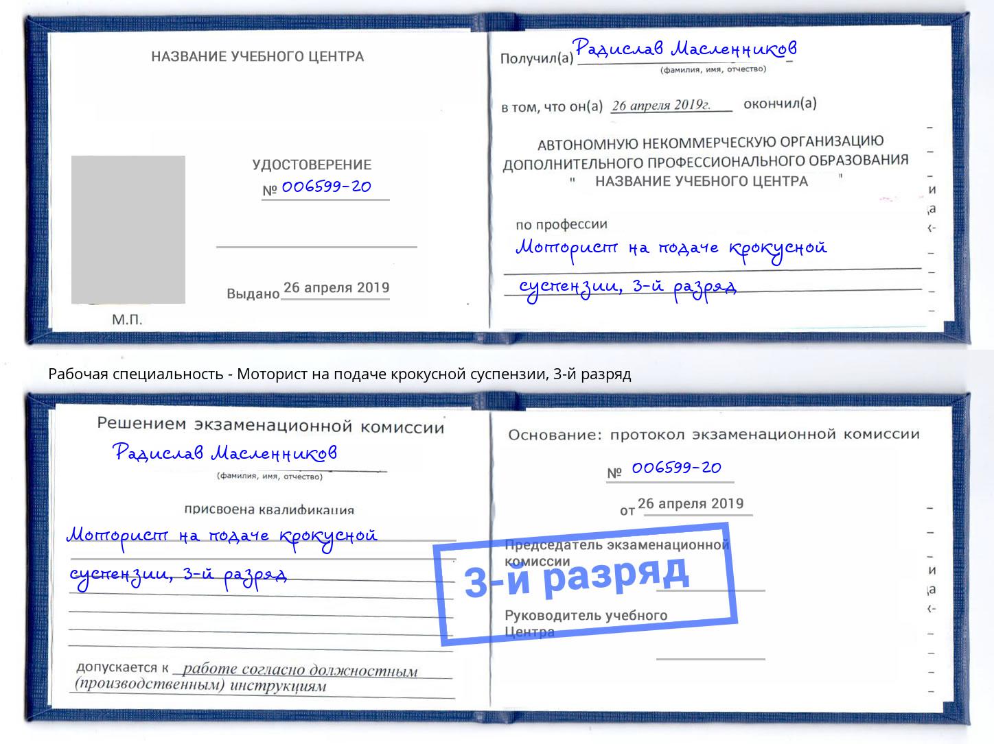 корочка 3-й разряд Моторист на подаче крокусной суспензии Саранск