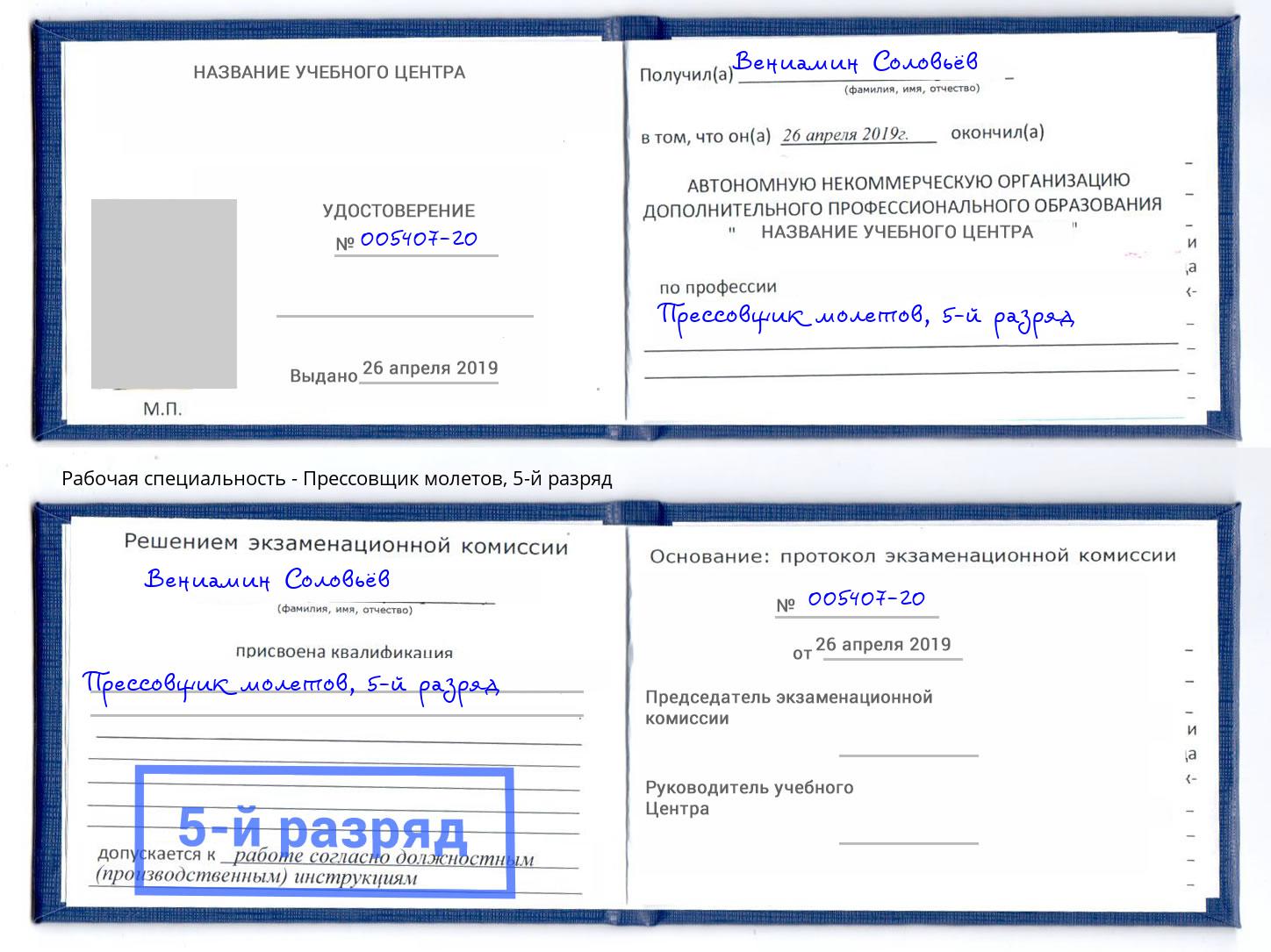 корочка 5-й разряд Прессовщик молетов Саранск