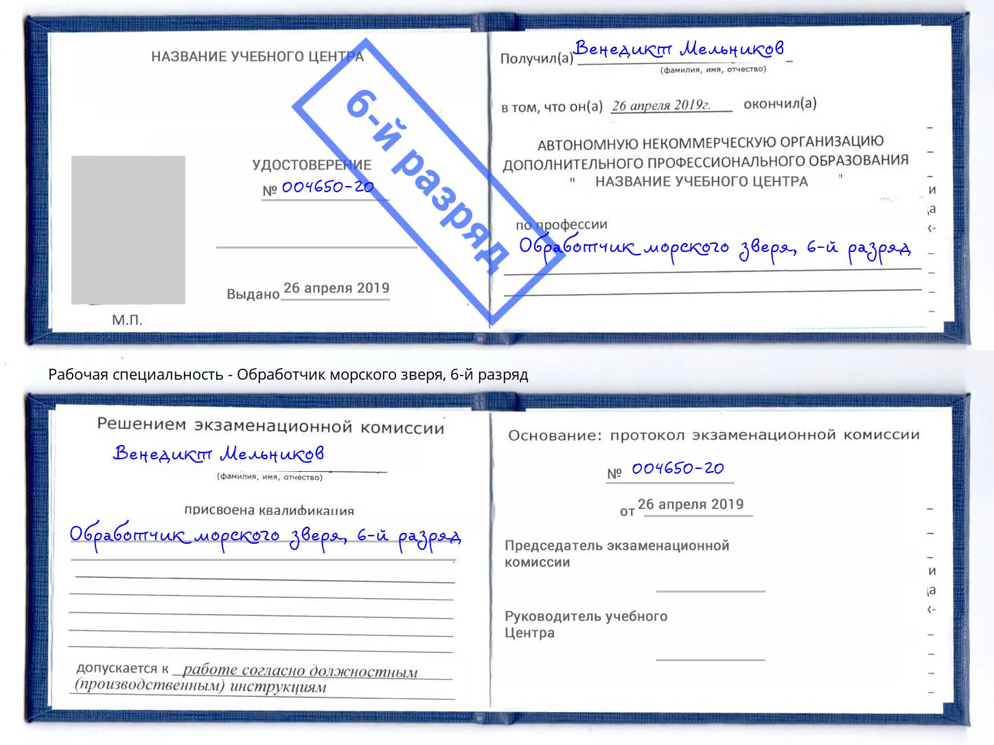 корочка 6-й разряд Обработчик морского зверя Саранск