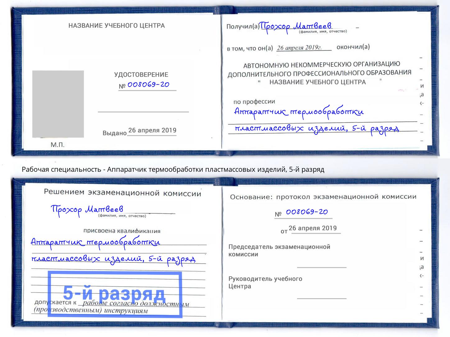 корочка 5-й разряд Аппаратчик термообработки пластмассовых изделий Саранск