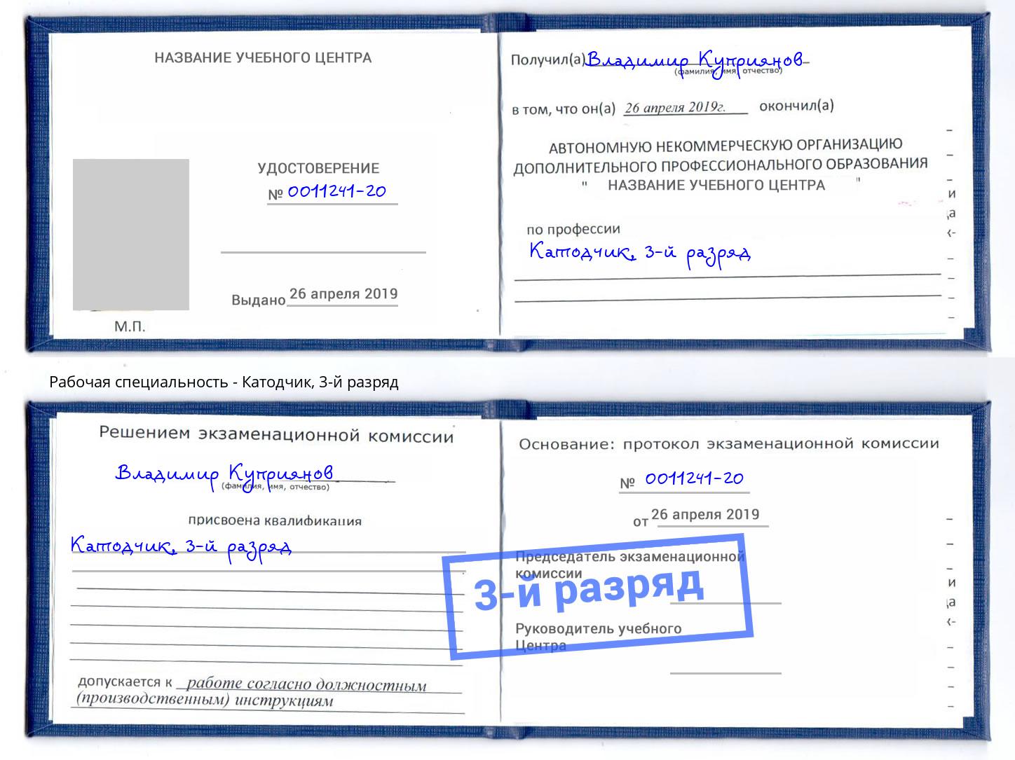 корочка 3-й разряд Катодчик Саранск