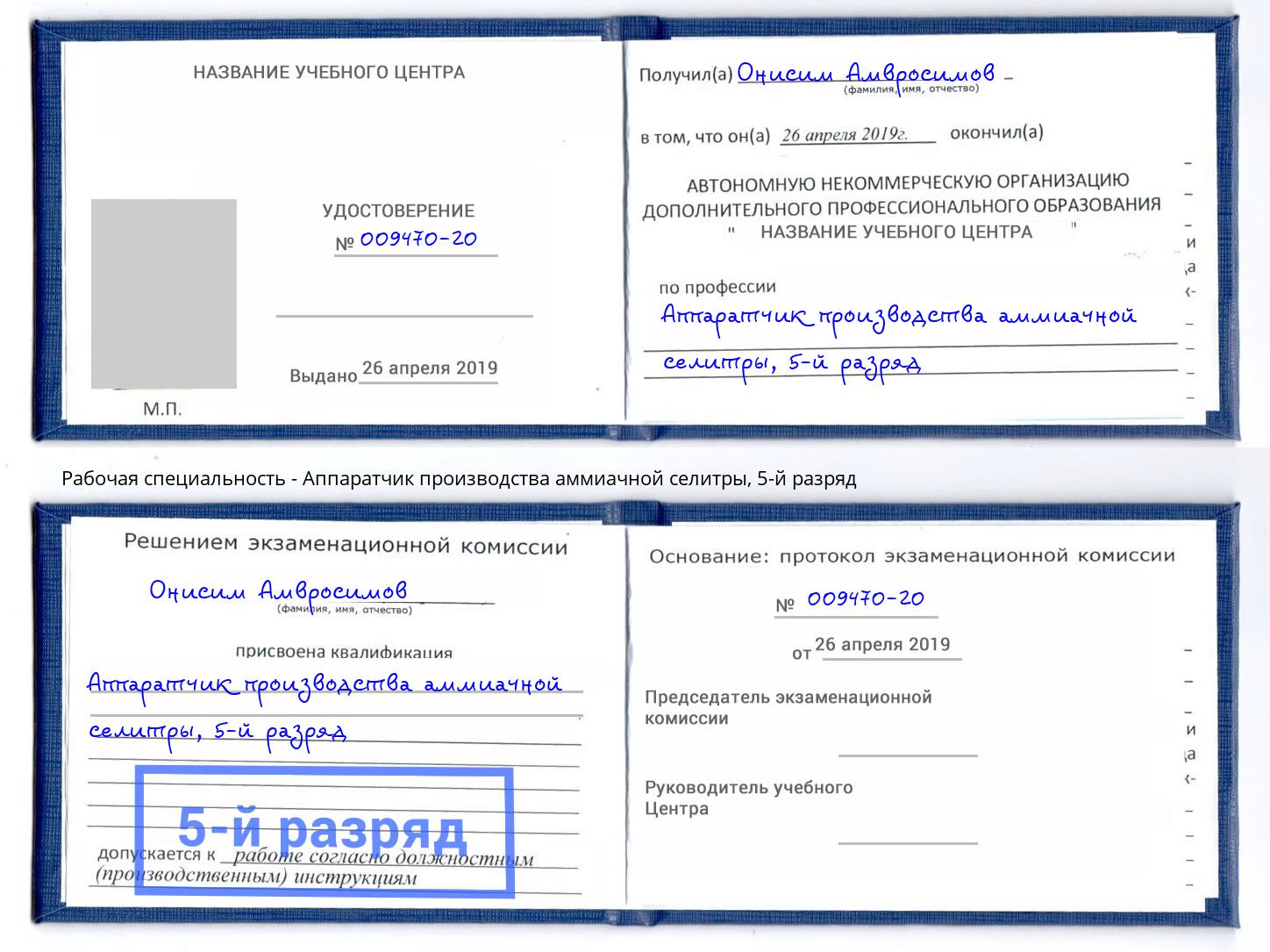 корочка 5-й разряд Аппаратчик производства аммиачной селитры Саранск