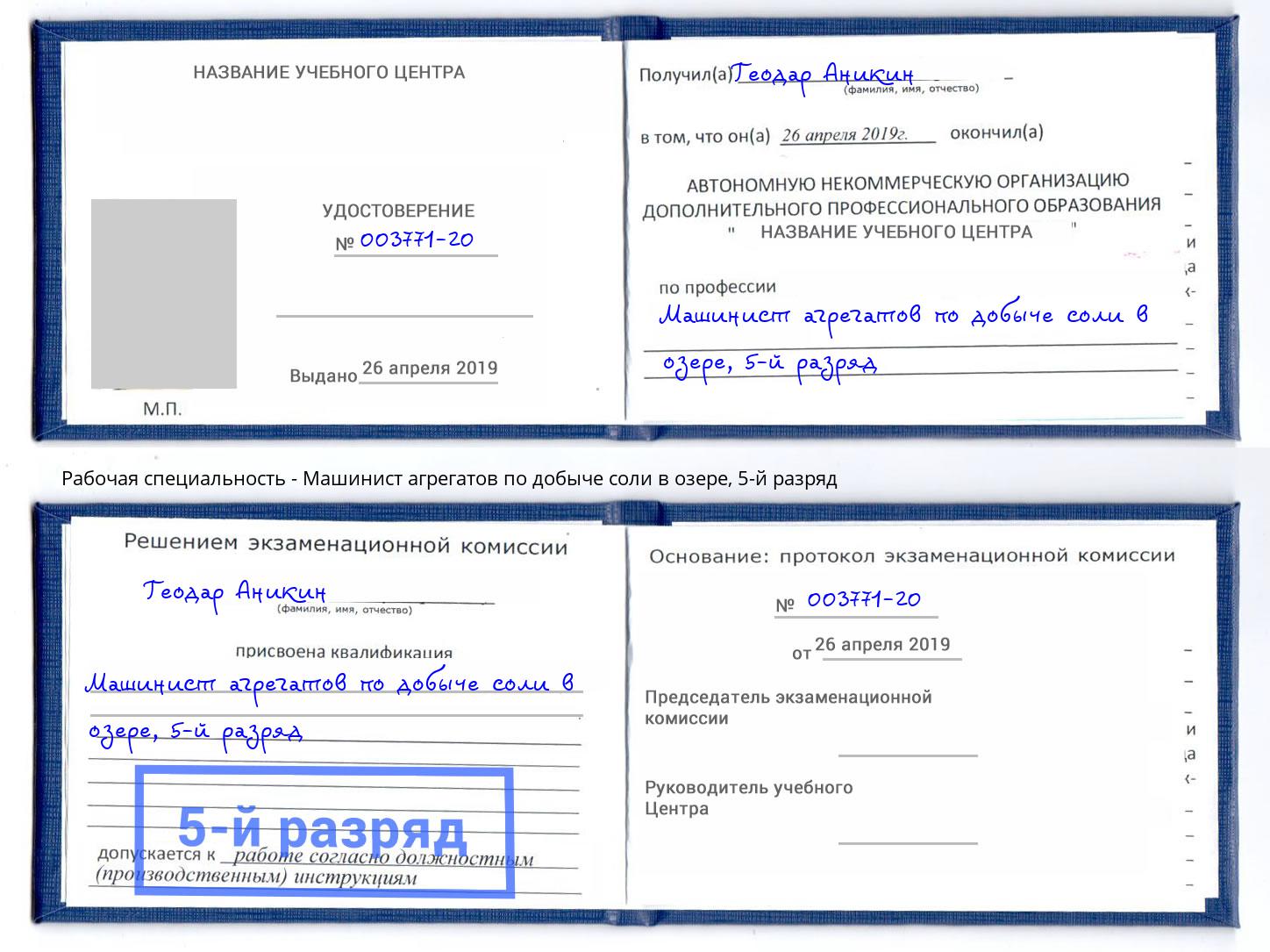 корочка 5-й разряд Машинист агрегатов по добыче соли в озере Саранск