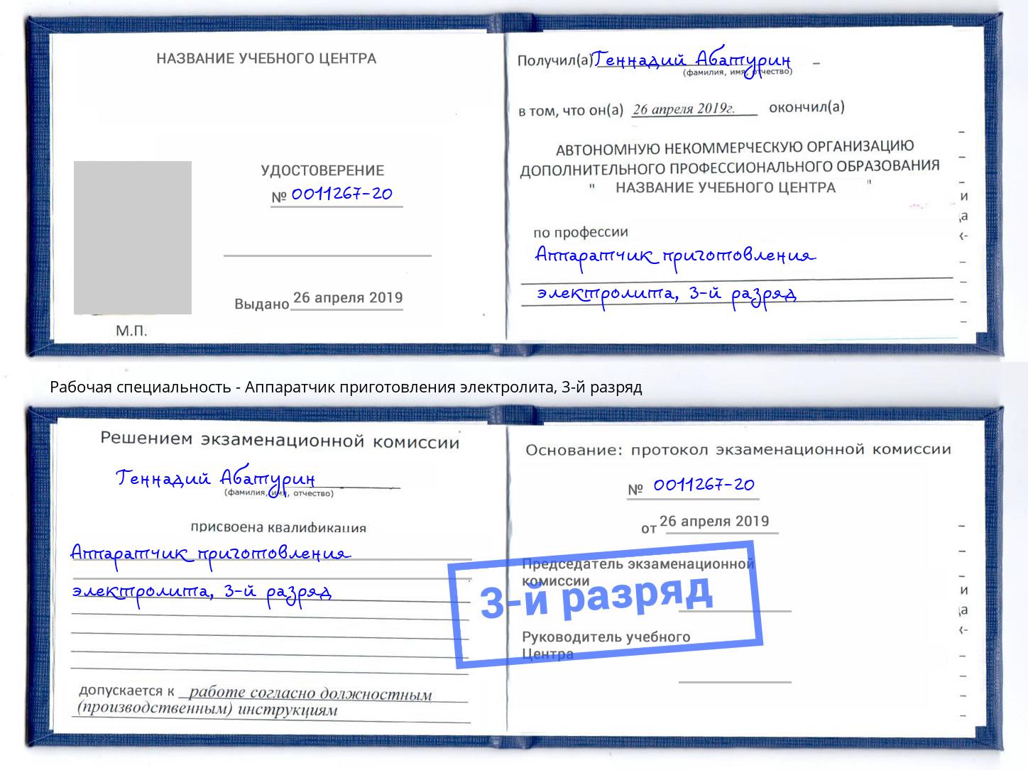 корочка 3-й разряд Аппаратчик приготовления электролита Саранск