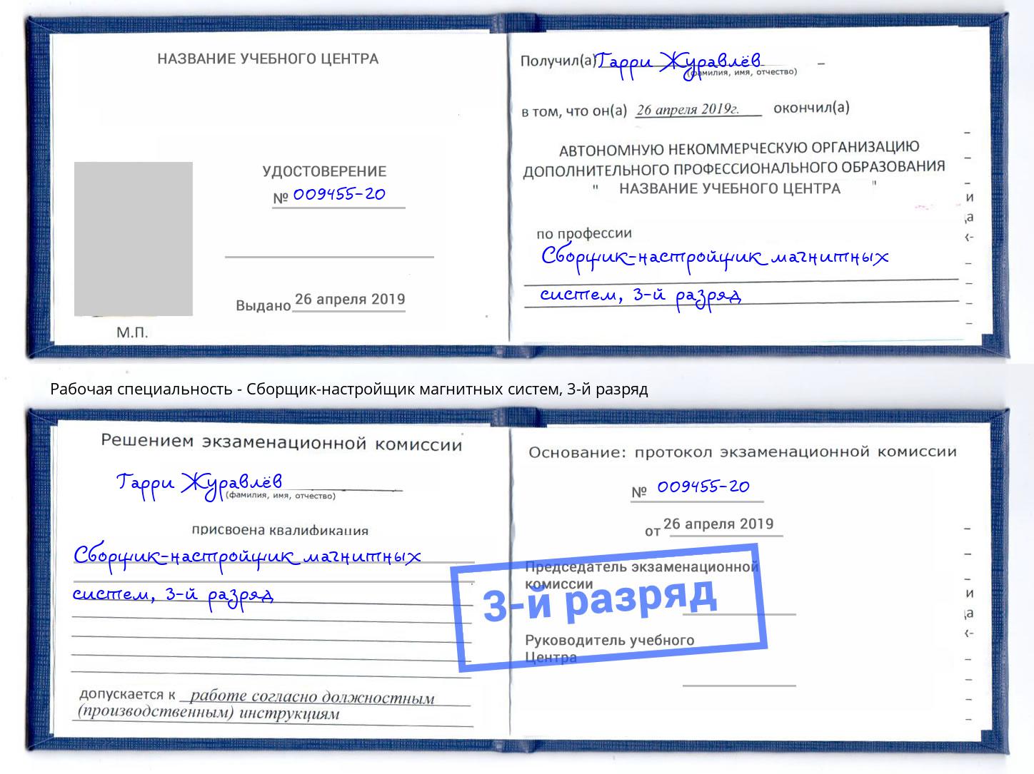 корочка 3-й разряд Сборщик-настройщик магнитных систем Саранск