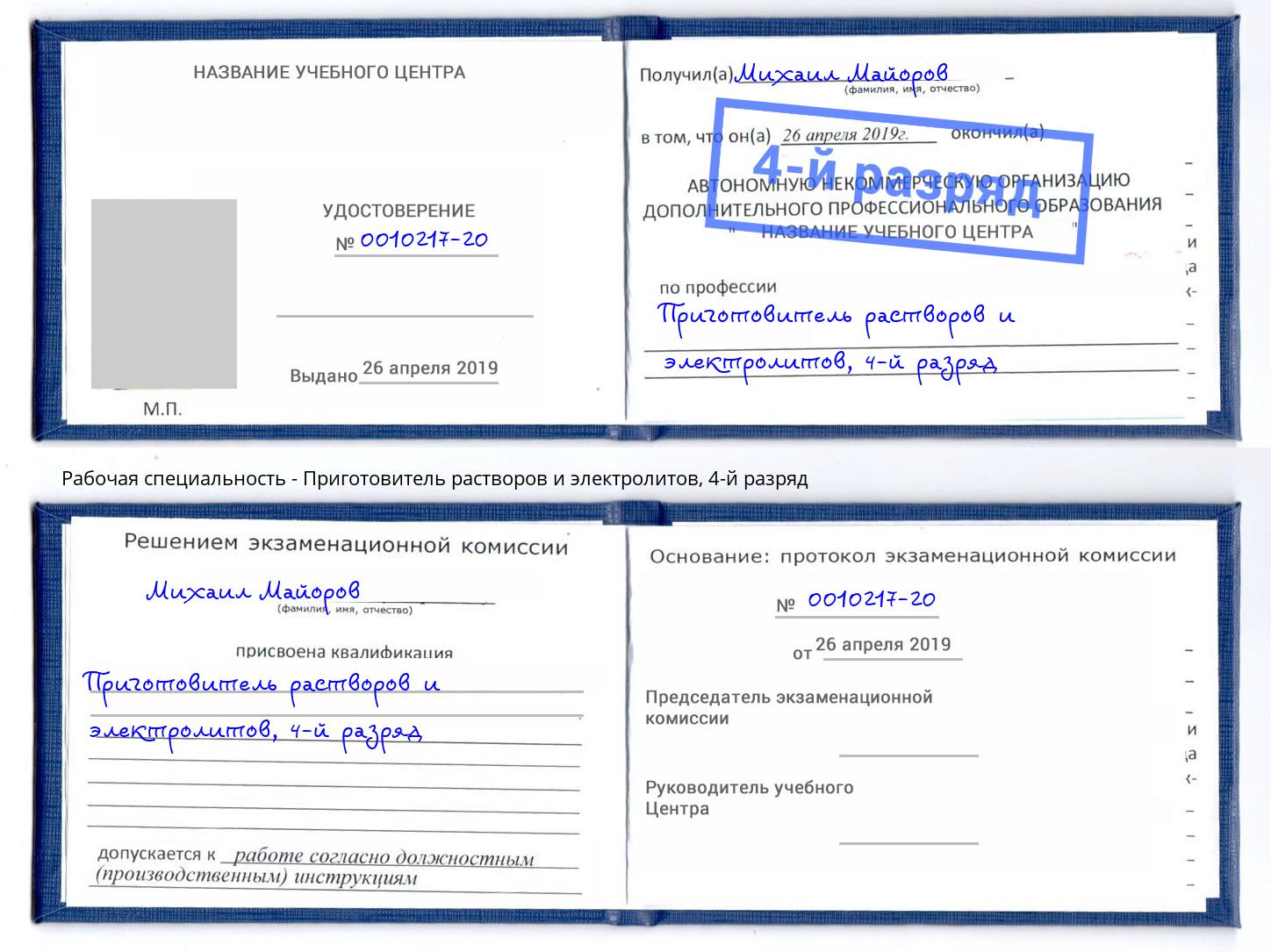 корочка 4-й разряд Приготовитель растворов и электролитов Саранск