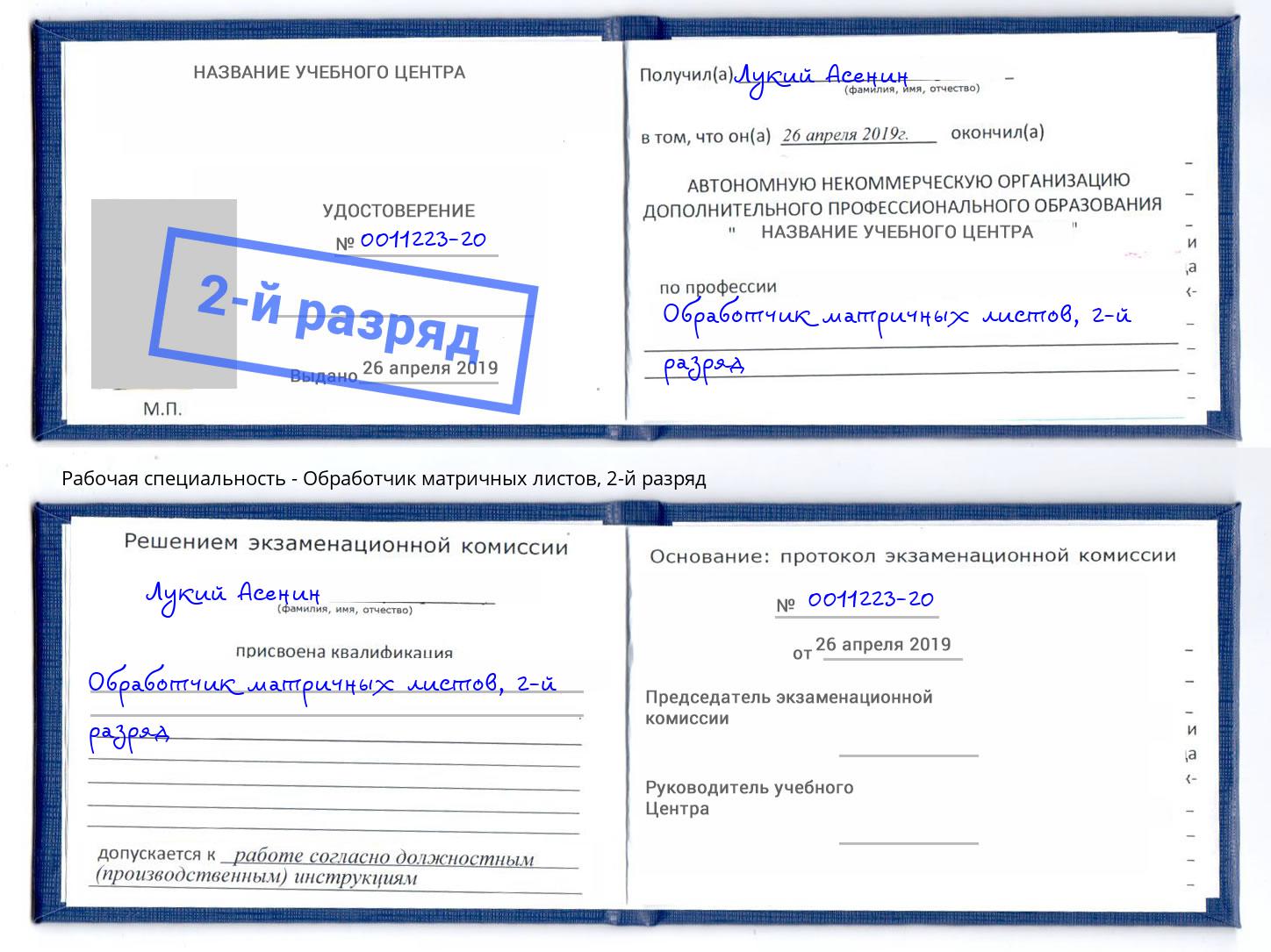 корочка 2-й разряд Обработчик матричных листов Саранск