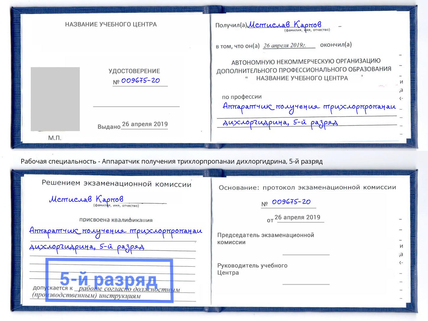 корочка 5-й разряд Аппаратчик получения трихлорпропанаи дихлоргидрина Саранск